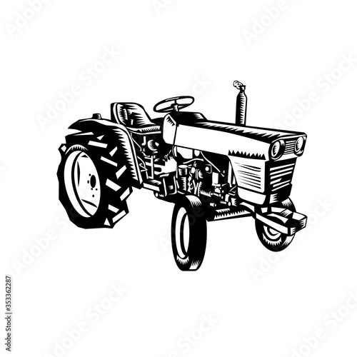Vintage Farm Tractor Side View Woodcut Black and White