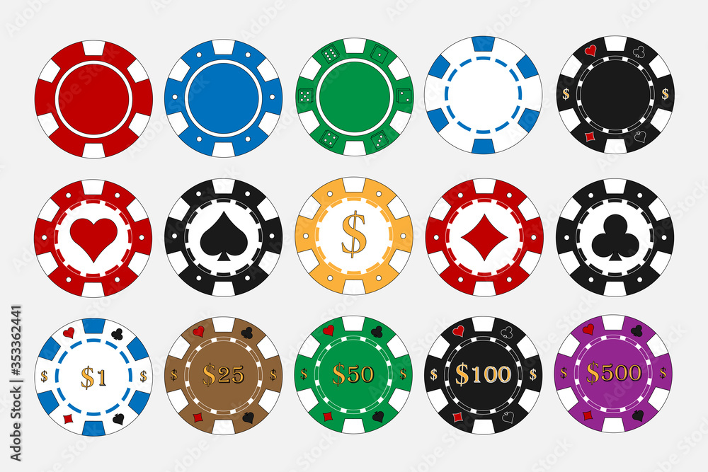 Poker casino chips icons set in different colors