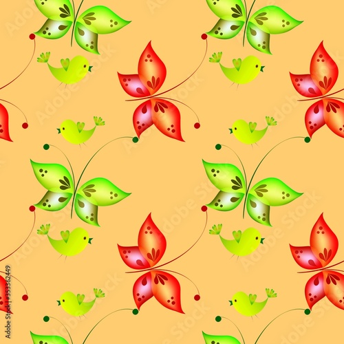 Cheerful pattern with colorful butterflies. Regular seamless pattern.Seamless pattern, funny background. © valin1