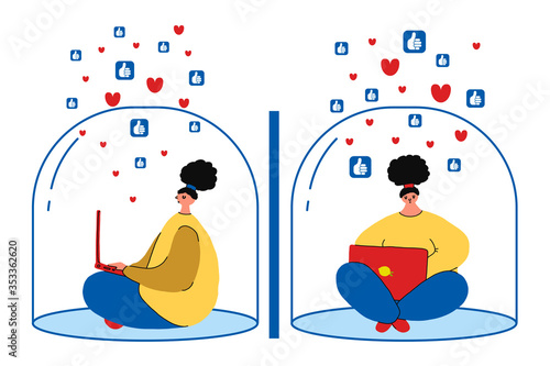 two girls sits inside a transparent glass bubble and works on a laptop in social networks.The concept of personal boundaries, social distance, and personal space in quarantine.vector illustration