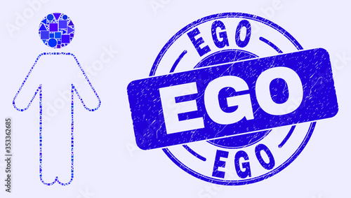 Geometric person mosaic pictogram and Ego seal stamp. Blue vector rounded grunge seal stamp with Ego text. Abstract collage of person done of circle, triangles, square geometric spots.