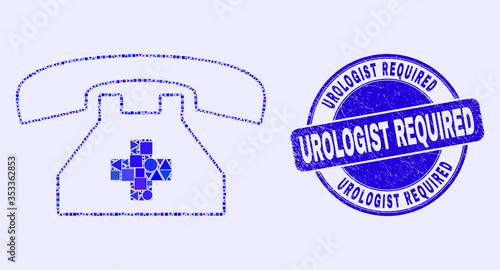 Geometric first aid phone mosaic icon and Urologist Required seal stamp. Blue vector rounded textured stamp with Urologist Required title. Abstract mosaic of first aid phone done of sphere, tringle,