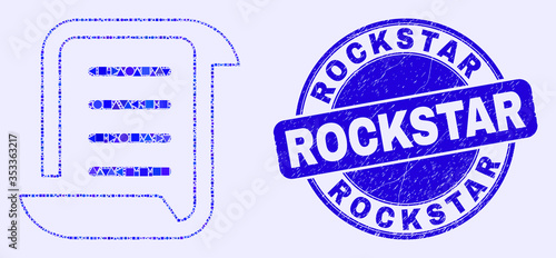 Geometric scroll list mosaic icon and Rockstar seal stamp. Blue vector round scratched seal stamp with Rockstar message. Abstract collage of scroll list designed of spheric, triangles,
