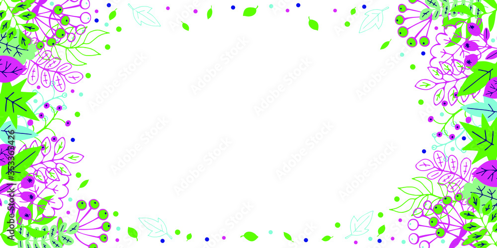Horizontal frame with abstract cartoon leaves. Vector illustration. Copy space.