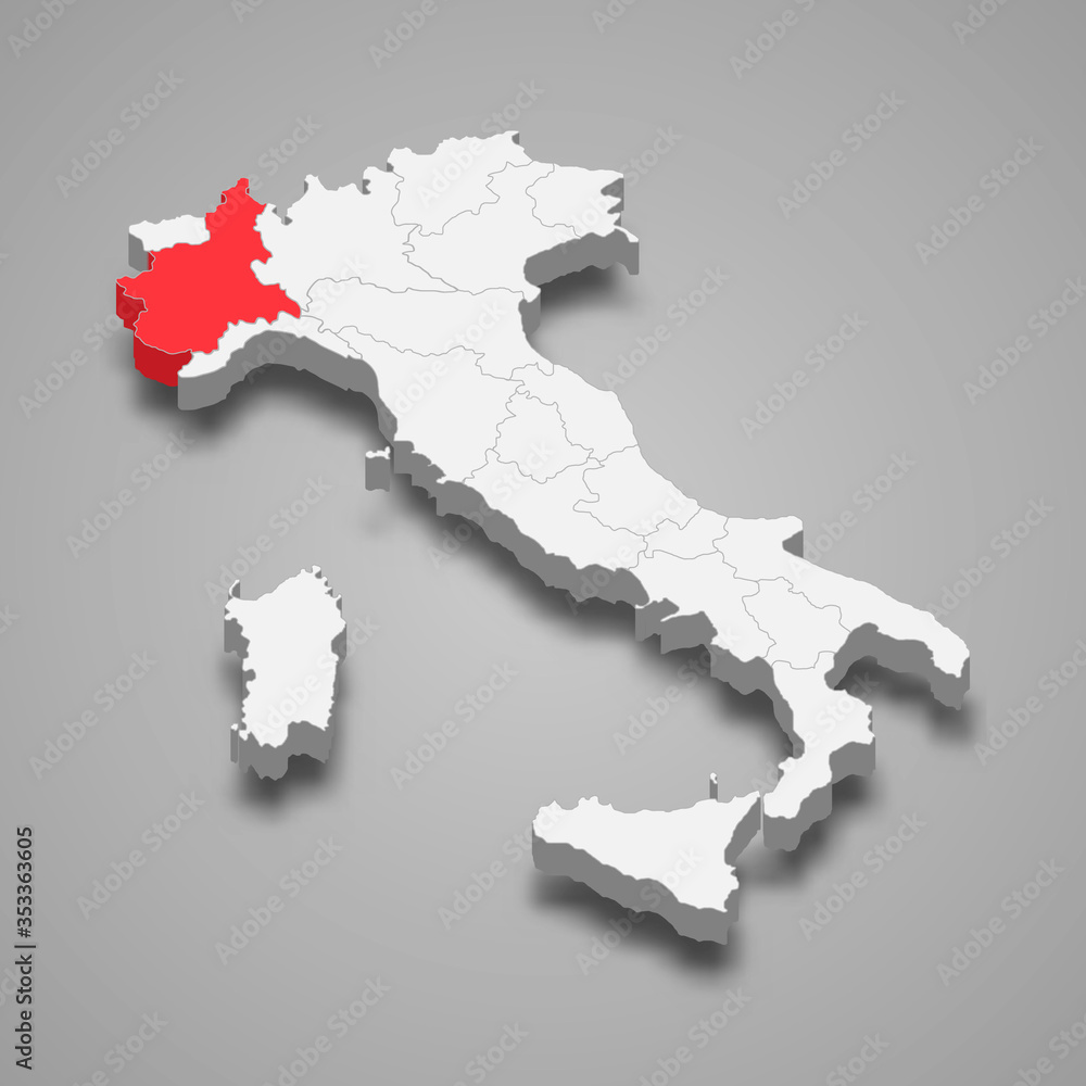 piedmont region location within Italy 3d map Template for your design