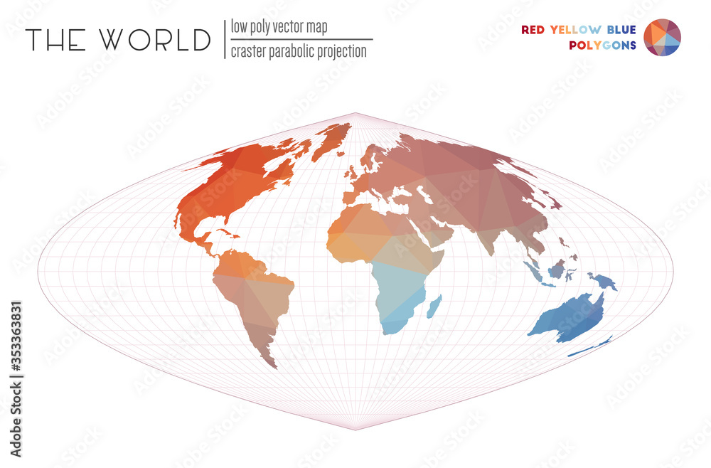 Vector map of the world. Craster parabolic projection of the world. Red, Yellow, Blue colored polygons. Creative vector illustration. Vector map of the world. Craster parabolic projection of the world. Red, Yellow, Blue colored polygons. Creative vector illustration.