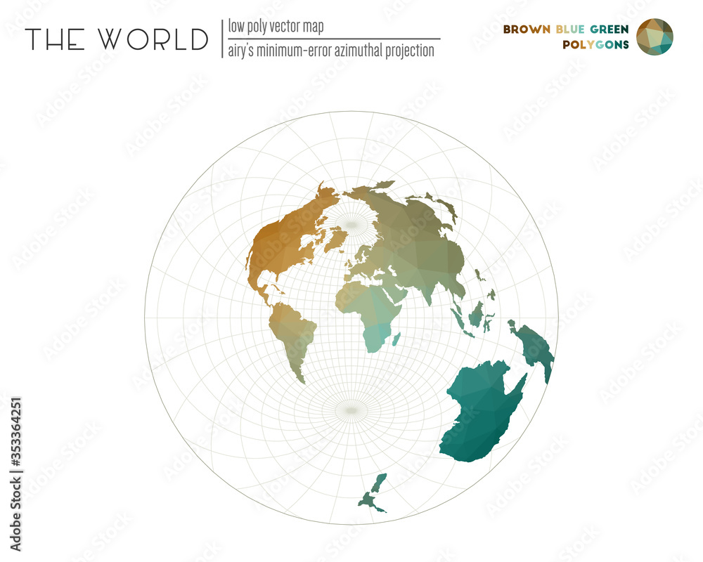 Low poly world map. Airy's minimum-error azimuthal projection of the world. Brown, Blue, Green colored polygons. Awesome vector illustration. Low poly world map. Airy's minimum-error azimuthal projection of the world. Brown, Blue, Green colored polygons. Awesome vector illustration.