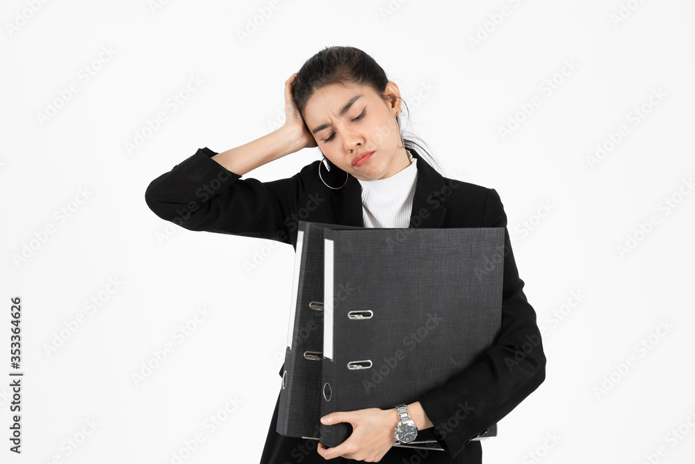Depressed stressed young Asian business woman in suit suffering from severe depression over white isolated background. Failure and layoff concept. Depressed stressed young Asian business woman in suit suffering from severe depression over white isolated background. Failure and layoff concept.