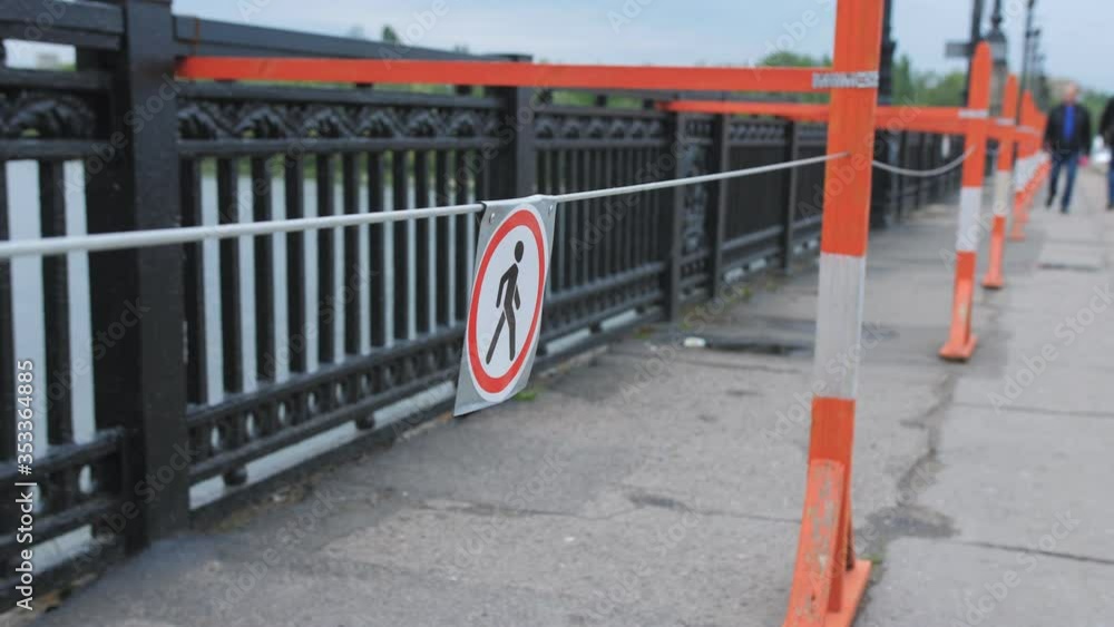 Barrier warning fencing of a dangerous place on bridge, nobody. Barrier warning fencing of a dangerous place on bridge, nobody.
