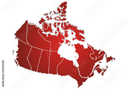 Mapa rojo de Canada en fondo blanco.