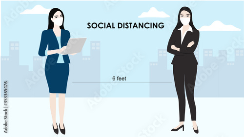 Social distancing concept business people keep distance 6 feet (2 meters) to prevent from COVID-19 coronavirus disease vector illustration. New normal physical distancing concept.