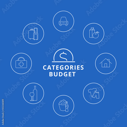 Set of family budget category icons. Car expenses, food, home, household expenses, entertainment, alcohol, doctors and travel