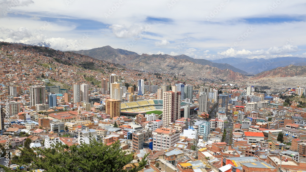 The panoramic view of La Paz in Bolivia, with the highest located football stadium 3637 m asl