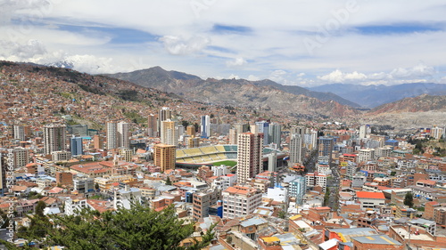 Fototapeta Naklejka Na Ścianę i Meble -  The panoramic view of La Paz in Bolivia, with the highest located football stadium 3637 m asl