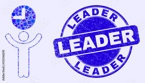 Geometric time manager mosaic pictogram and Leader seal stamp. Blue vector round distress seal stamp with Leader phrase. Abstract concept of time manager created of round, tringle,