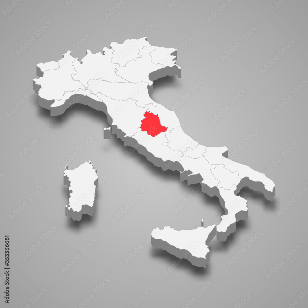 Umbria region location within Italy 3d map Template for your design