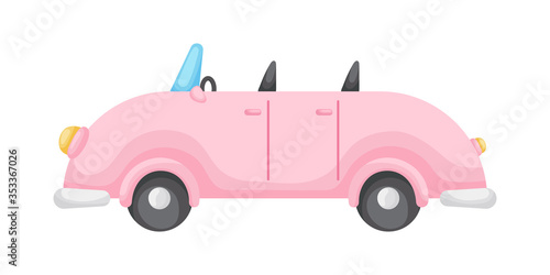 Pink cartoon car isolated on white background, colorful automobile flat style, simple design. Flat cartoon colorful vector illustration.