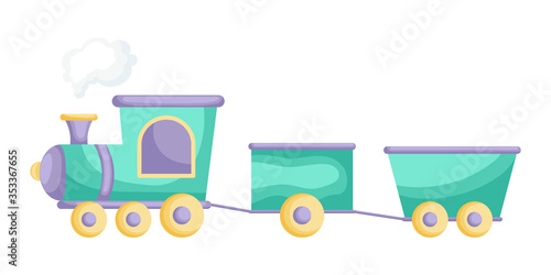 Green-purple cartoon train for children isolated on white background, colorful train in flat style, simple design. Flat cartoon colorful vector illustration.