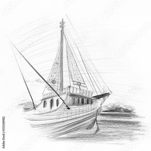 Pencil (Charcoal) drawing, Sailing concept.