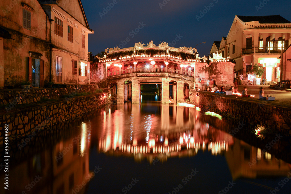 Japanese covered bridge in Hoi An at night