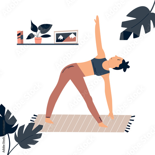 Young pretty girl doing yoga at home