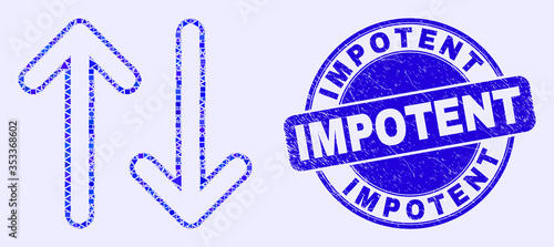 Geometric vertical exchange arrows mosaic pictogram and Impotent seal. Blue vector round distress seal with Impotent phrase. Abstract mosaic of vertical exchange arrows done of spheric, triangles,