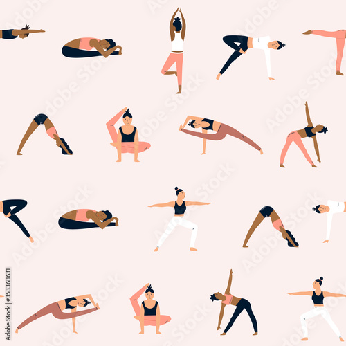 Seamless pattern with characters in yoga asanas