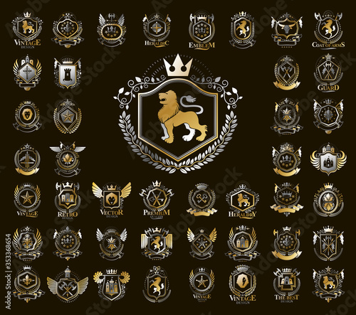 Heraldic Coat of Arms vector big set, vintage antique heraldic badges and awards collection, symbols in classic style design elements, family or business logos.