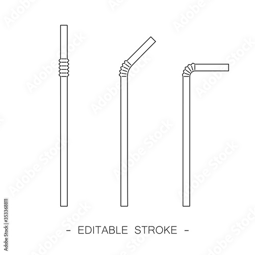 Set of black outline plastic straw on white background. Line design. Editable stroke.