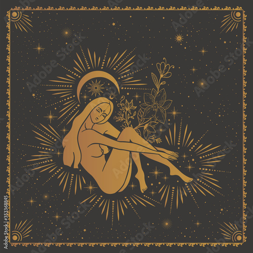 magic girl, witch with the moon, tarot cards, occult symbol