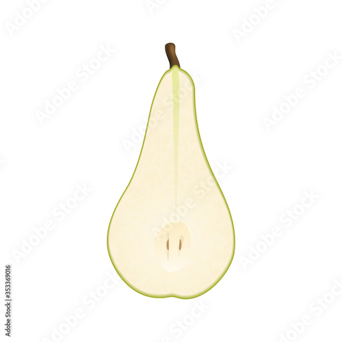 Isolated half of green colorful pear conference on white background. Realistic colored slice of pear. Flat design.