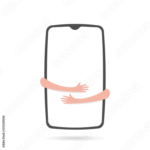 Hands hugs phone. Conceptual illustration of addiction to smartphone.