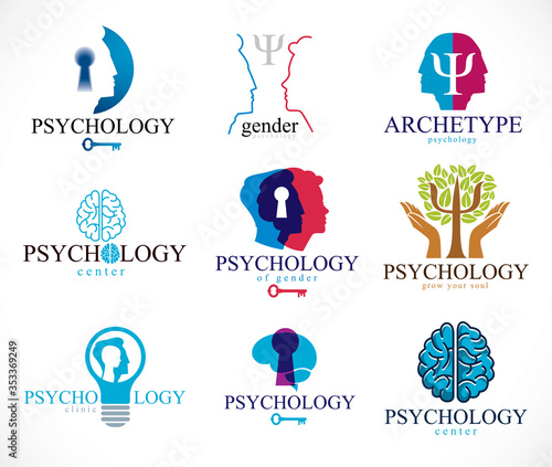 Psychology, brain and mental health vector conceptual icons or logos set. Relationship and gender psychology problems and conflicts, psychoanalysis and psychotherapy, personality and individuality.