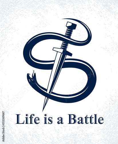 Dagger kills a Snake, defeated Serpent wraps around a sword vector vintage tattoo, Life is a Fight concept, allegorical logo or emblem of ancient symbol.