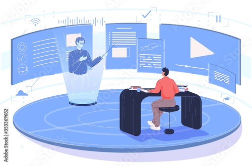 Steam education wireless digital technology service. Smart online webinar training. Man sitting at table in virtual class. Teacher tutor hologram, several monitor streaming video, text information