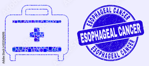 Geometric medical baggage mosaic pictogram and Esophageal Cancer seal stamp. Blue vector round distress seal stamp with Esophageal Cancer title. Abstract collage of medical baggage combined of round,