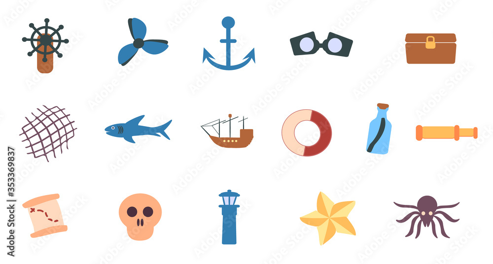 Sea icons set. Logos or icons. Vector. White background. Icons for computer game. Isolated. Sea icons set. Logos or icons. Vector. White background. Icons for computer game. Isolated.
