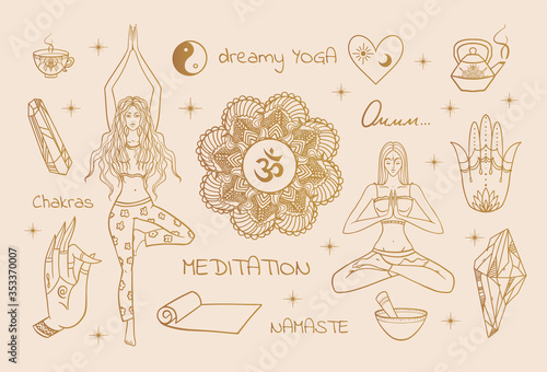 Yoga symbols: girl in lotus and tree pose, tea, yoga mat, yin yang, crystals, mandala, meditation