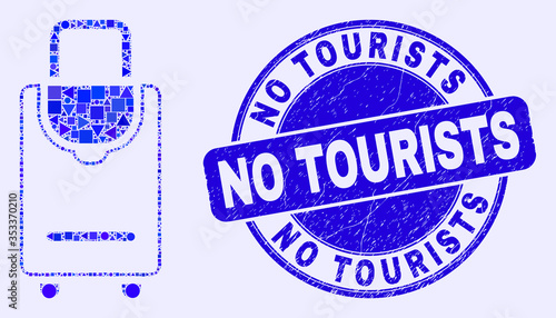 Geometric voyage luggage mosaic pictogram and No Tourists stamp. Blue vector round distress stamp with No Tourists message. Abstract mosaic of voyage luggage done of sphere, tringle,