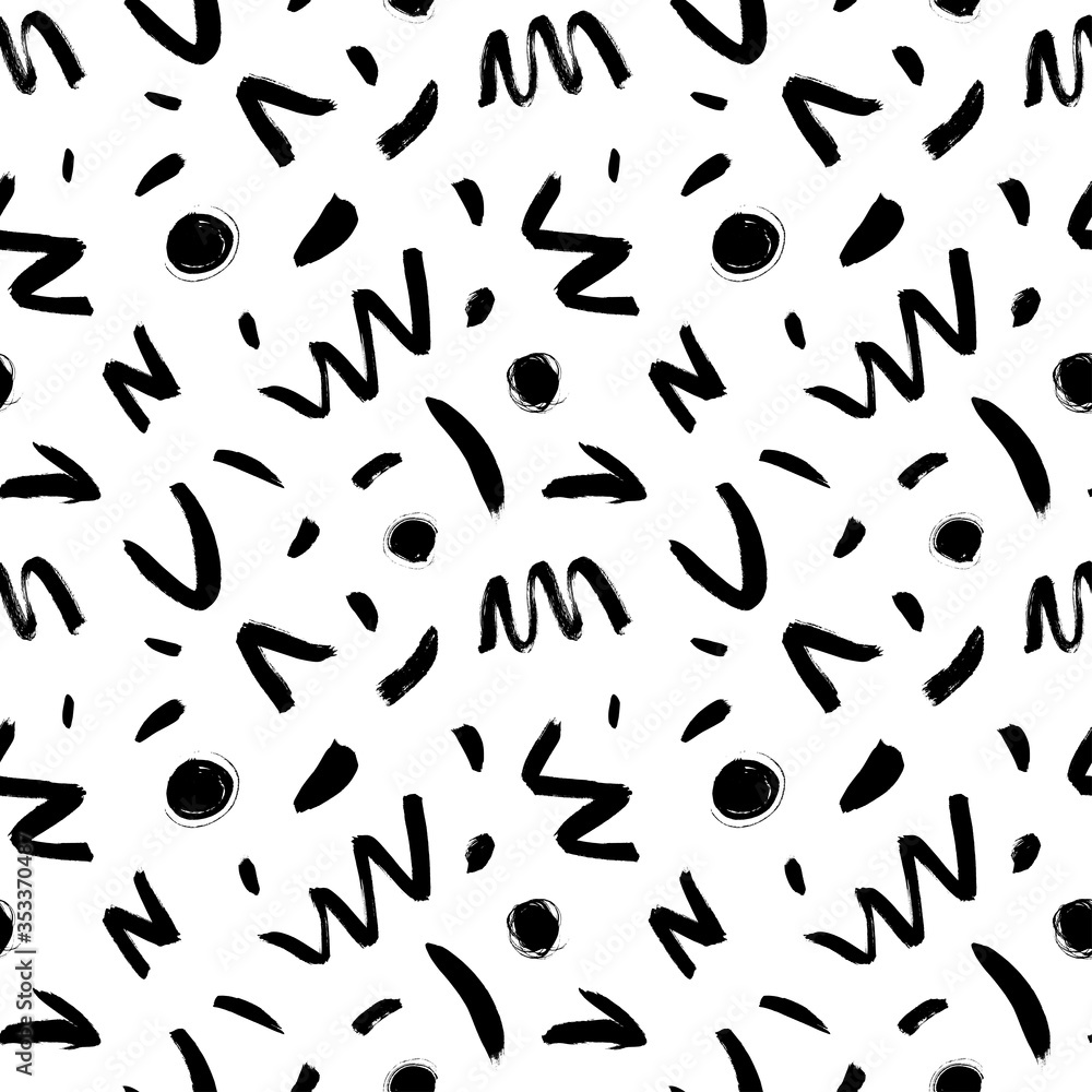 Fototapeta premium Geometric vector seamless pattern in Memphis style. Grunge brush stroke dots, circles, zig zag lines and dashes.