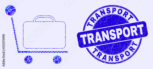 Geometric baggage cart mosaic icon and Transport seal stamp. Blue vector rounded grunge stamp with Transport title. Abstract mosaic of baggage cart done of sphere, tringle, square geometric spots.