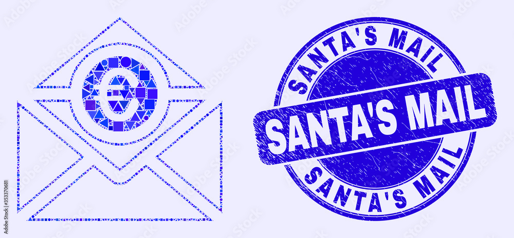 Obraz premium Geometric euro mail mosaic pictogram and Santa'S Mail seal stamp. Blue vector round distress seal stamp with Santa'S Mail text. Abstract mosaic of euro mail designed of circle, tringle,