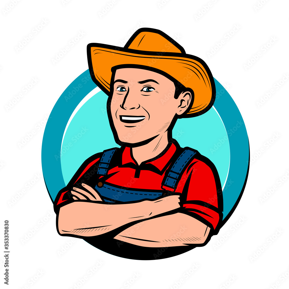 Happy farmer in hat cartoon. Agriculture, farm logo vector illustration Happy farmer in hat cartoon. Agriculture, farm logo vector illustration