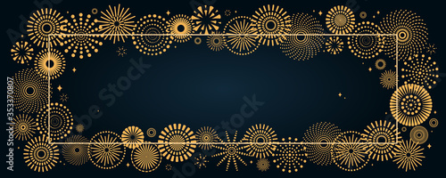 Vector illustration with bright golden fireworks frame on a dark blue background, space for text. Flat style design. Concept for holiday celebration, greeting card, poster, banner, flyer.