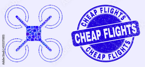Geometric quadcopter mosaic icon and Cheap Flights seal. Blue vector round textured seal stamp with Cheap Flights message. Abstract mosaic of quadcopter composed of round, tringle,