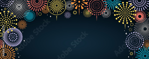Vector illustration with bright colorful fireworks frame on a dark blue background, space for text. Flat style design. Concept for holiday celebration, greeting card, poster, banner, flyer.