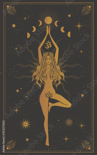 girl in a tree pose, mystic illustration with moon phases, tarot cards, yoga meditation