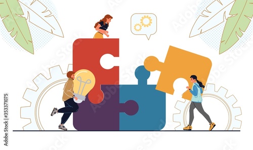 People colleagues brainstorming working together connect business missing jigsaw puzzle piece. Teamwork solution, strategy startup idea creation, creativity. Cooperation, interaction, partnership © VectorSpace
