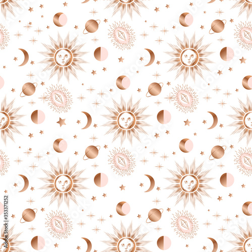 seamless pattern with sun  moon  stars and crystals  golden  pink and white color