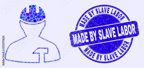 Geometric repairman mosaic icon and Made by Slave Labor seal stamp. Blue vector rounded distress seal stamp with Made by Slave Labor caption. Abstract composition of repairman organized of circle,